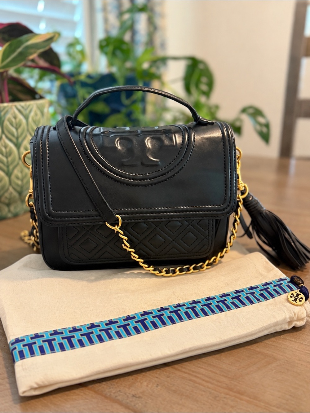Tory Burch Black Leather Quilted Convertible Crossbody with Gold Chain